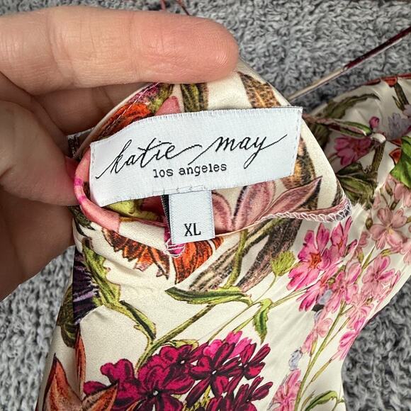 Katie Mae Tara Dress XL Pink Daisy Floral Print Maxi Dress Satin Gown MSRP $298 - Picture 12 of 14